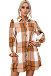 Khaki Plaid Pattern Collared Neck Ruffled Sleeve Shirt Dress-Dresses-MomFashion