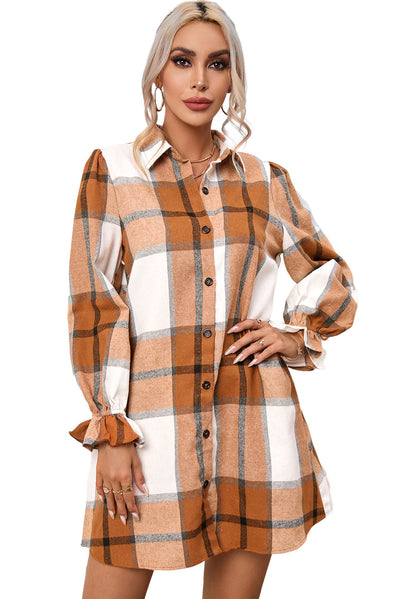 Khaki Plaid Pattern Collared Neck Ruffled Sleeve Shirt Dress-Dresses-MomFashion