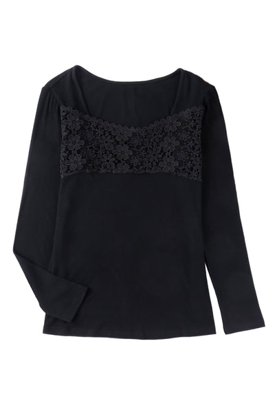 Black Lace Crochet V Neck Long Sleeve Top-Tops-MomFashion