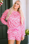 Pink Leopard Long Sleeve Satin Tie Shorts Two Piece Set-Loungewear-MomFashion