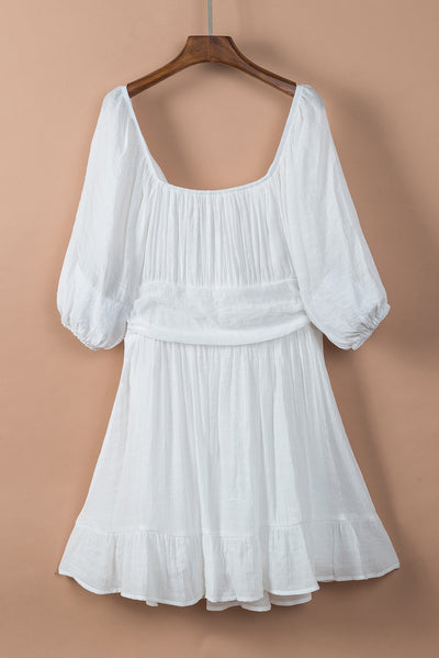 White Bow Knot Square Neck Ruffled High Waist Mini Dress-Dresses-MomFashion