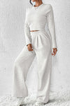 Beige Crop Top and Wide Leg Pants Two Piece Set-Loungewear-MomFashion