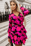 Rose Floral Print V Neck Wrap Bishop Sleeve Ruffle Tiered Mini Dress-Dresses-MomFashion