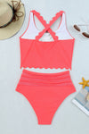 Pink Scalloped Criss Cross High Waist Bikini-Swimwear-MomFashion