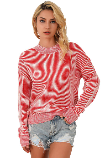 Striped Print Ribbed Trim Round Neck Sweater-Tops-MomFashion