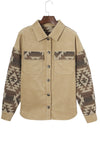 Khaki Aztec Print Patchwork Frayed Edge Corduroy Jacket-Outerwear-MomFashion