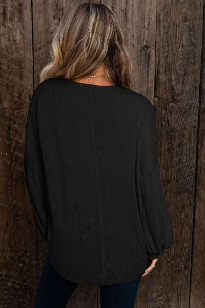 Black Faux Knit Jacquard Puffy Long Sleeve Top-Tops-MomFashion