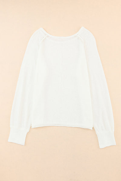 White Long Sleeve Cutout Shoulder Relaxed Sweater-Tops-MomFashion