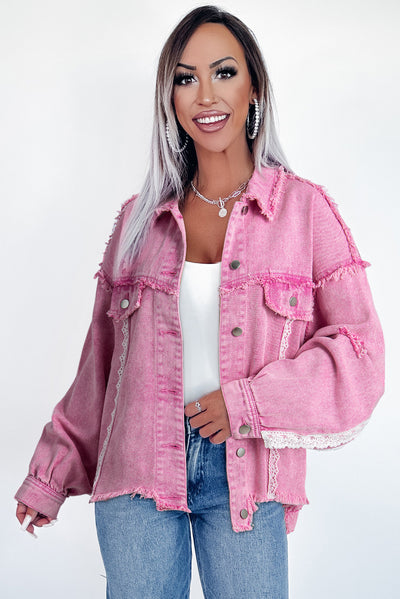 Pink Lace Patchwork Distressed Buttoned Denim Jacket-Outerwear/Denim jackets-MomFashion