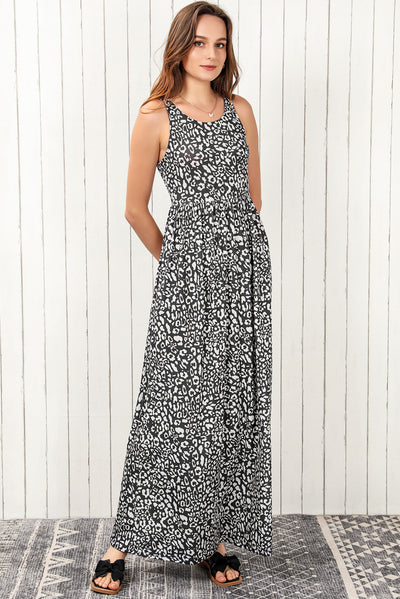 Gray Leopard Print Pocketed Sleeveless Maxi Dress-Dresses-MomFashion