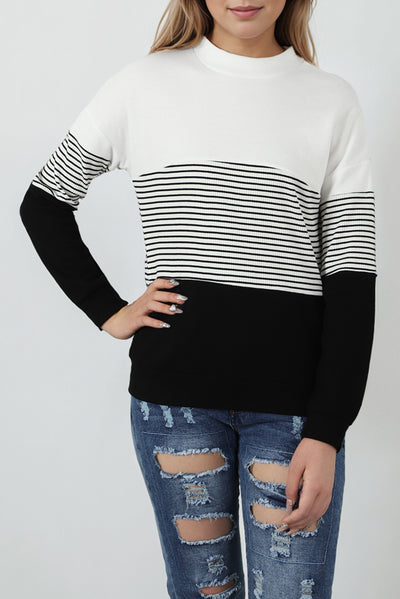 Black Striped Contrast Colorblock Knit Top-Tops-MomFashion