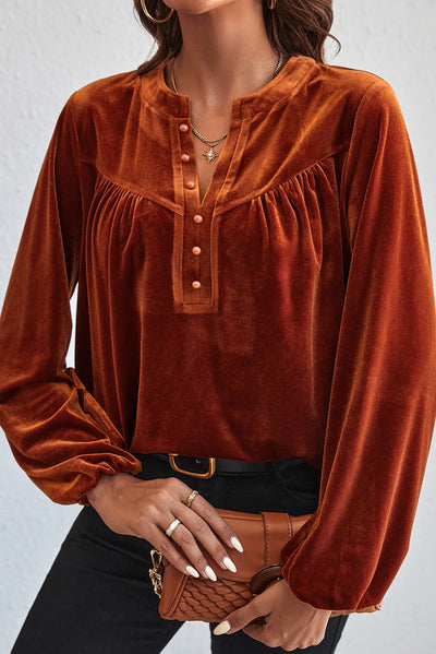 Gold Flame Lantern Sleeve Beaded Split V Neck Velvet Top-Tops-MomFashion