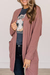 Mineral Red Solid Color Waffle Knit Cardigan with Pocket-Sweaters & Cardigans/Cardigans-MomFashion