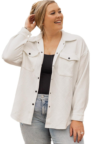 Beige Plus Size Textured Flap Pockets Jacket-Plus Size-MomFashion