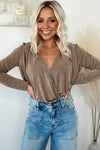 khaki Wrap V Neck Pleated Long Sleeve Bodysuit-Tops-MomFashion