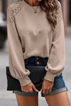 Khaki Lace Long Sleeve Textured Pullover-Tops-MomFashion