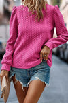 Rose Red Cable Textured Puff Sleeve Sweatshirt-Tops-MomFashion