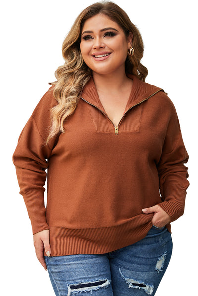 Brown Solid Ribbed Trim Plus Size Zip Collar Sweater-Plus Size-MomFashion