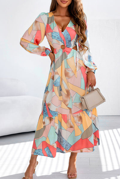 Multicolor Abstract Print O-ring Cut out Long Sleeve Maxi Dress-Dresses-MomFashion