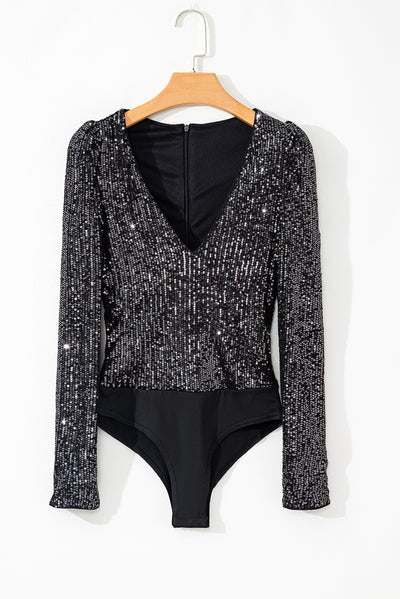 Black Sequin V Neck Zipped Long Sleeve Bodysuit-Tops-MomFashion