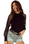 Black Striped Mesh Long Sleeve Crewneck Ribbed Top-Tops-MomFashion