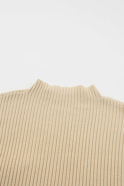 Oatmeal Patch Pocket Ribbed Knit Short Sleeve Sweater-Tops-MomFashion