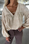 Khaki V Neck Bow Tie Bubble Sleeve Blouse-Tops-MomFashion