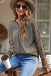 Brown Contrast Patchwork Thumbhole Sleeve Top-Tops-MomFashion