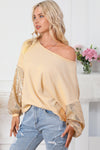 Apricot Sequin Patchwork Sleeve Open Back Waffle Knit Top-Tops-MomFashion