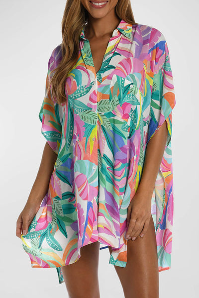 Multicolor Plant Print Button-up Half Sleeve Beach Cover Up-Swimwear-MomFashion