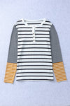 Long Sleeve Stripe Button Henley Top-Tops-MomFashion