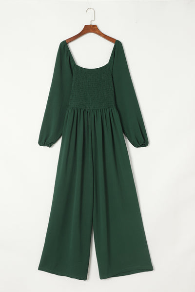 Green Smocked Square Neck Long Sleeve Wide Leg Jumpsuit-Bottoms-MomFashion