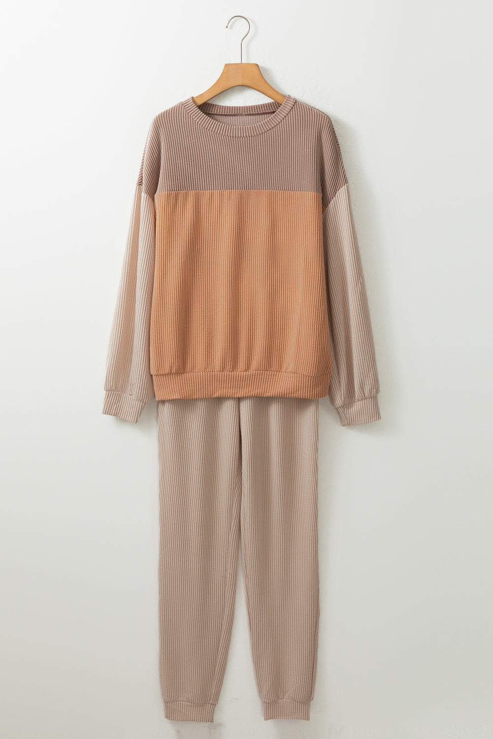 Brown Corded 2pcs Colorblock Pullover and Pants Outfit-Loungewear-MomFashion