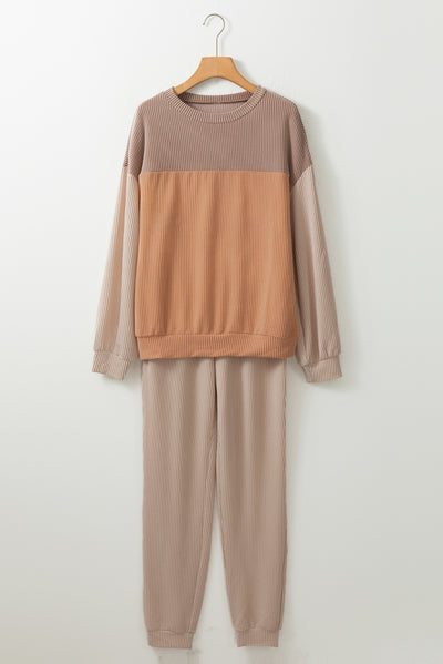 Brown Corded 2pcs Colorblock Pullover and Pants Outfit-Loungewear-MomFashion
