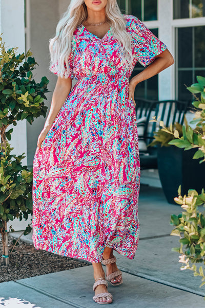 Wrap V Neck Floral Maxi Dress-Dresses-MomFashion