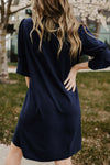 Blue Ruffled Sleeve Shift Dress-Dresses-MomFashion