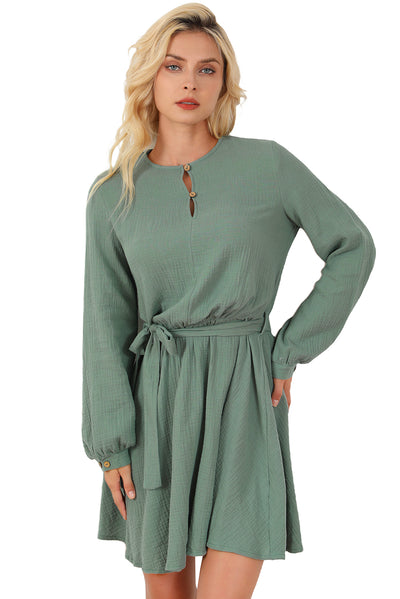 Jungle Green Button Neck Puff Sleeve Belted Pleated Mini Dress-Dresses-MomFashion