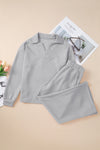 Light Grey Solid Textured Collared V Neck Top and Wide Leg Pants Set-Two Piece Sets/Pant Sets-MomFashion