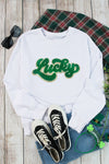 White Shiny Trim Chenille Lucky Pattern Sweatshirt-Graphic-MomFashion