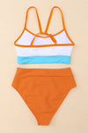 Orange Color Block Spaghetti Strap High Waist Bikini Swimsuit-Swimwear-MomFashion