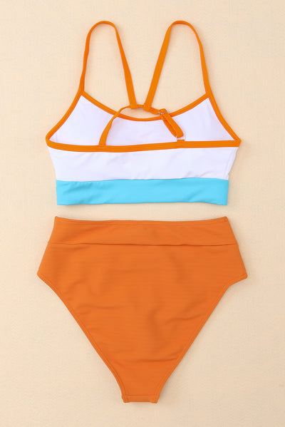 Orange Color Block Spaghetti Strap High Waist Bikini Swimsuit-Swimwear-MomFashion