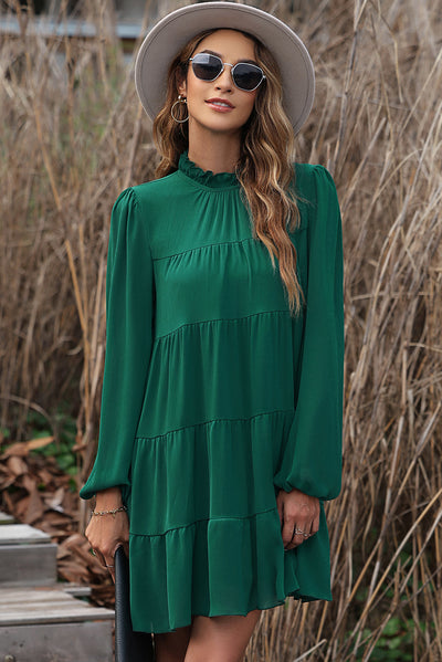 Green Puff Sleeve Mock Neck Back Knot Tiered Dress-Dresses-MomFashion