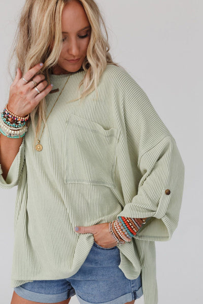 Green Ribbed Roll-tab Sleeve Chest Pocket Oversize Top-Tops-MomFashion