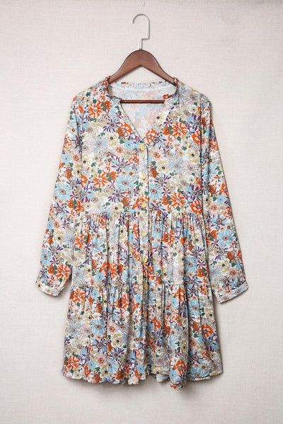 Multicolor Split Neck Buttons Front Shirt Floral Dress-Dresses-MomFashion