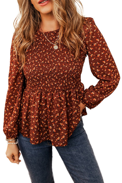 Boho Floral Smocked Bust Ruffled Peplum Blouse-Tops-MomFashion