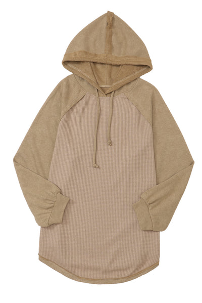 Khaki Waffled Expose Seam Drawstring Hoodie-Tops-MomFashion