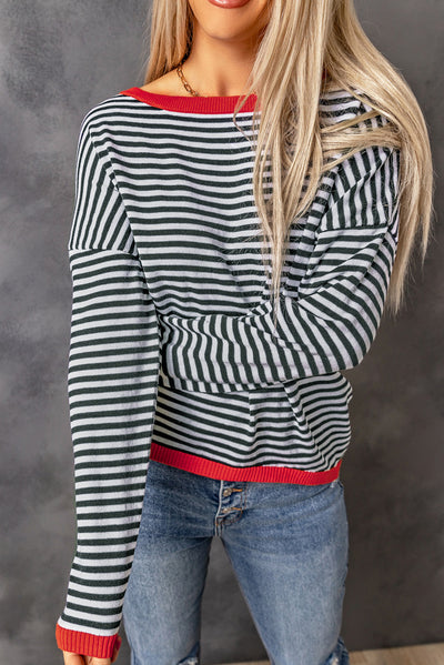 Contrast Trimmed Striped Drop Shoulder Sweater-Tops-MomFashion