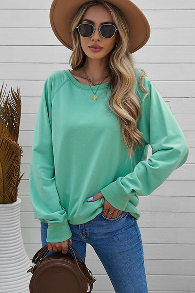 Green French Terry Cotton Blend Pullover Sweatshirt-Tops-MomFashion