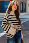 Khaki Striped Mock Neck Bell Sleeve Knit Sweater-Tops-MomFashion