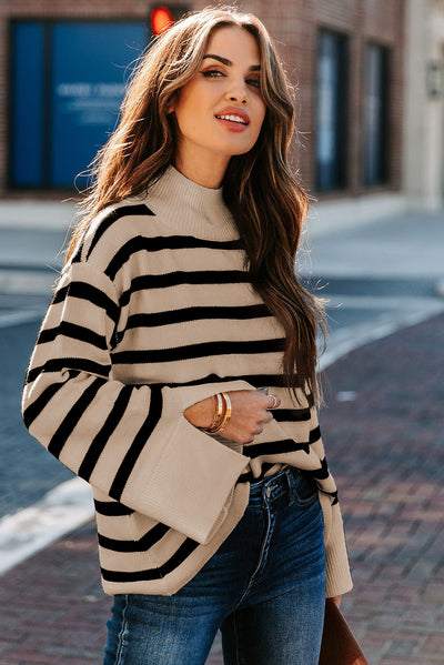 Khaki Striped Mock Neck Bell Sleeve Knit Sweater-Tops-MomFashion